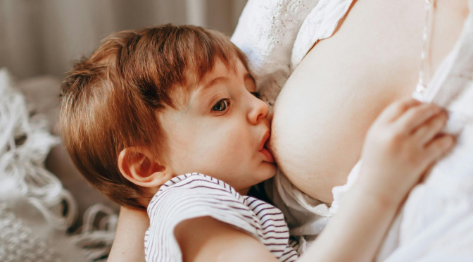 Un grand bébé qui tète le sein de sa mère